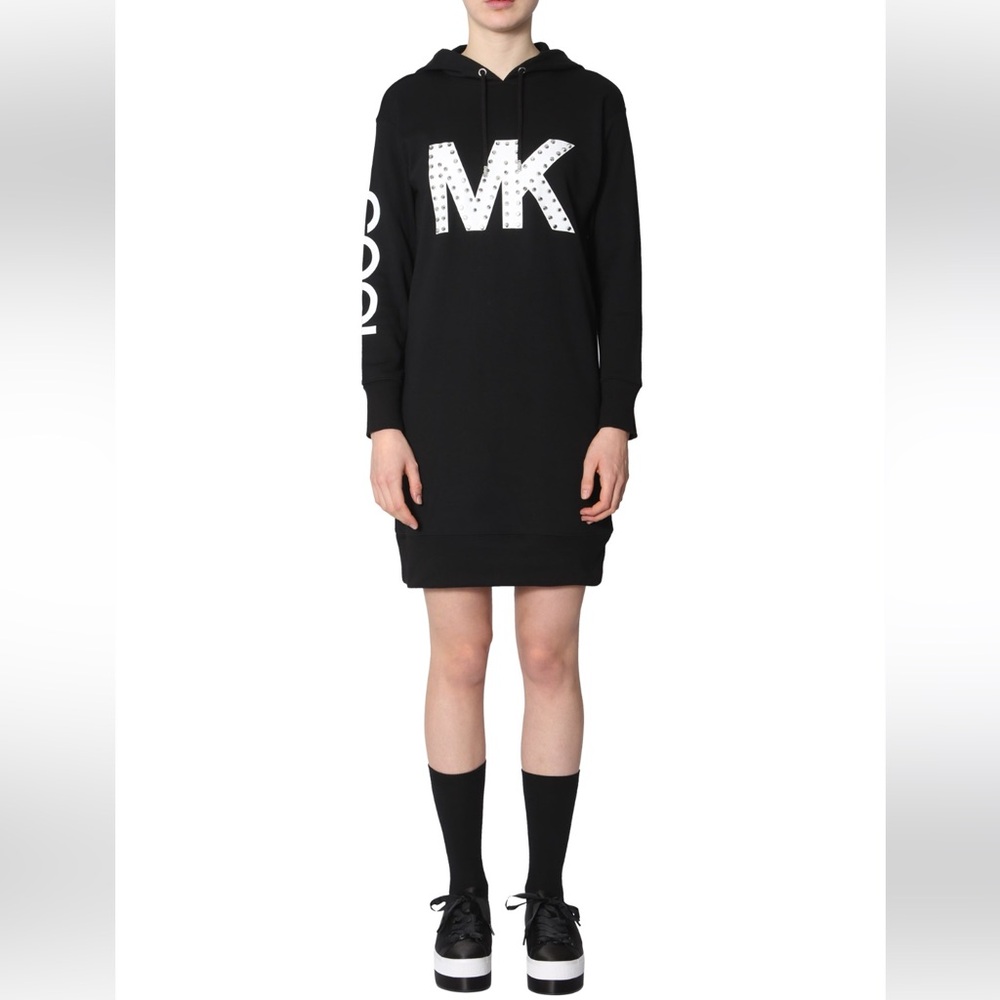 NWOT Michael Kors Women's Black Hooded Studded MK Logo T-Shirt Dress